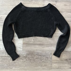 2b BCBG Cropped Sweater Women’s Black Cable Knit Mineral Washed